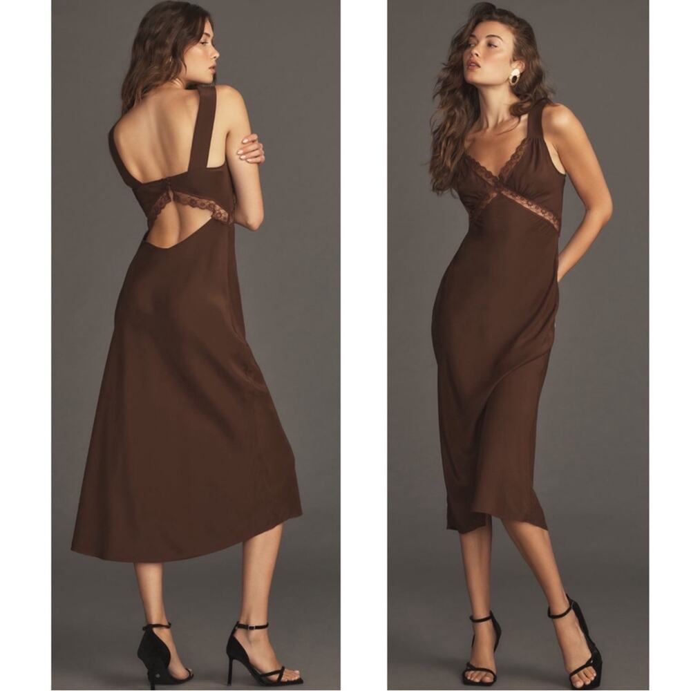 REFORMATION Provence Lace Trim Silk Cafe Brown Slip Maxi Dress Size 3X - Picture 3 of 9